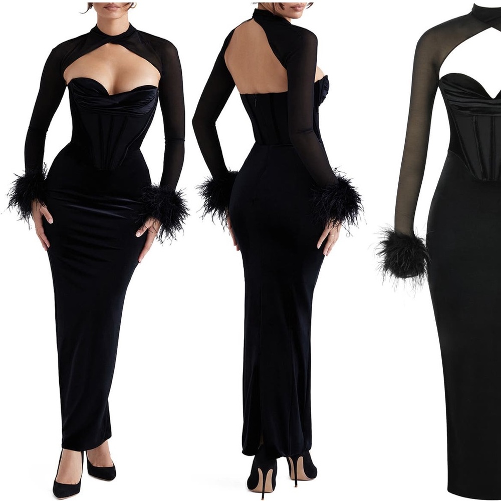 HOUSE OF CB Thalia Long Sleeve Feather Trim Velvet Corset Dress with Shrug